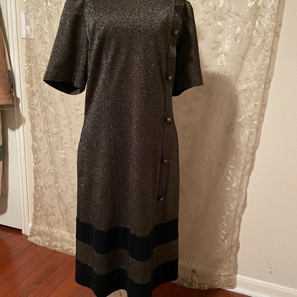 Vintage Bonnell Formal Knit Metallic Black Gold Evening Dress Size 18 Tall.